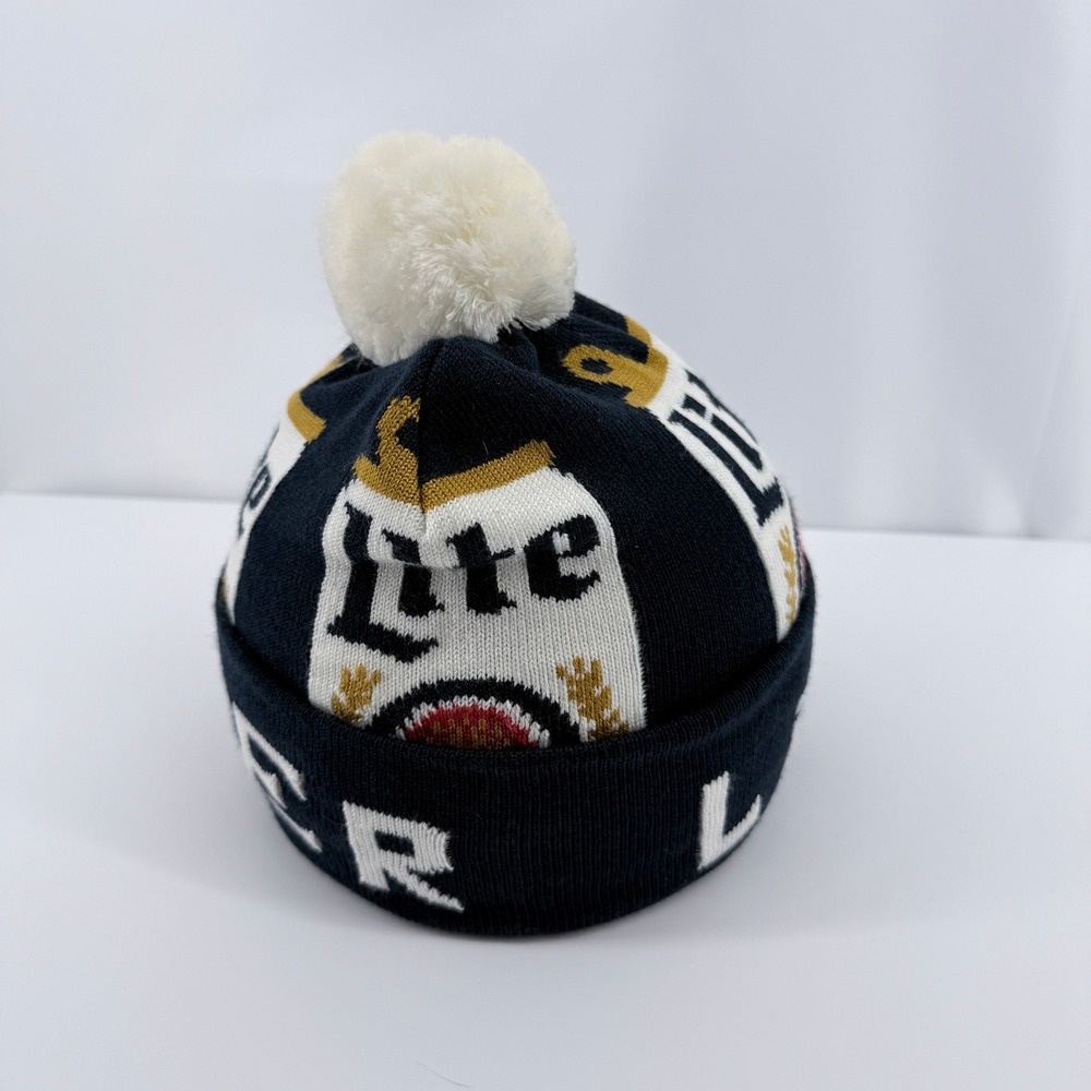Miller Lite Beanie Mens OSFM Navy Blue Acrylic Pom Pom Knit Beer Graphic Hat - Picture 5 of 12